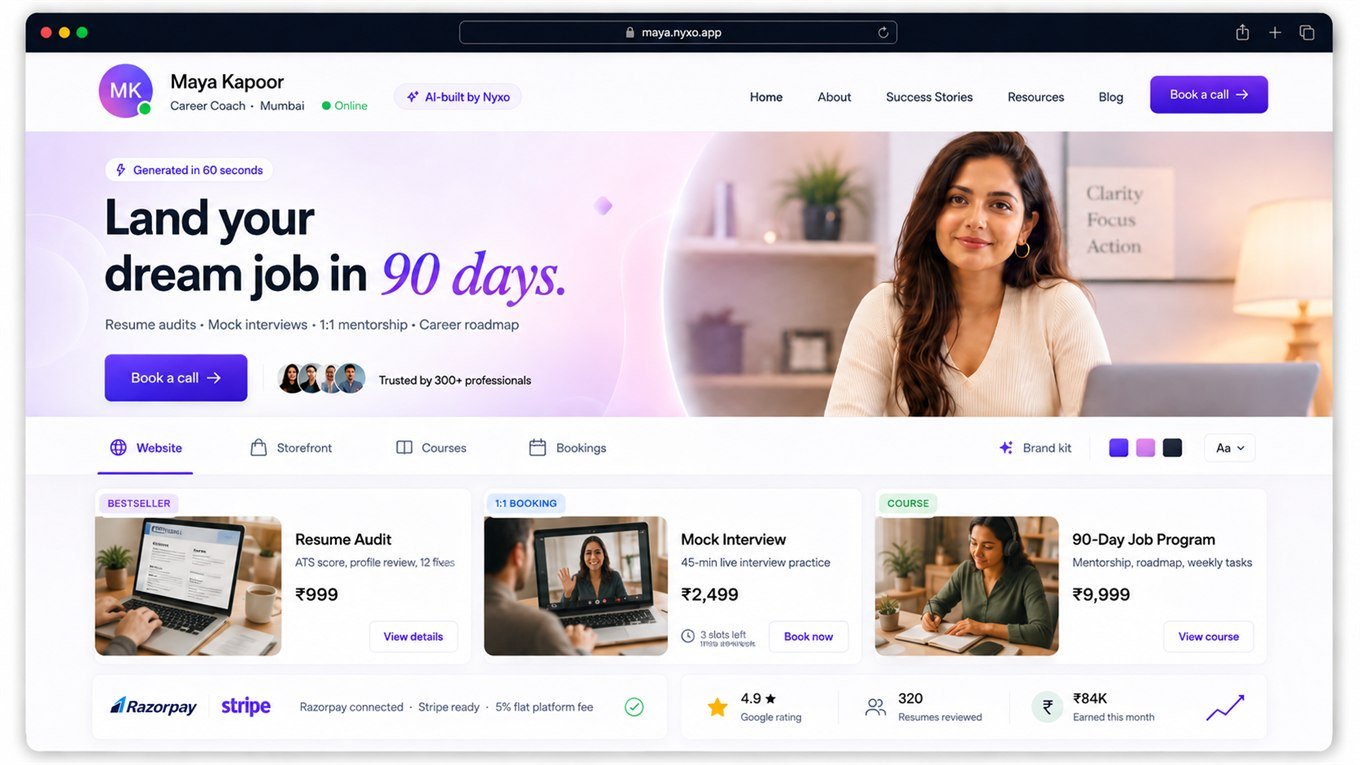 Maya Kapoor's AI-built career-coaching website — storefront, courses and 1:1 bookings